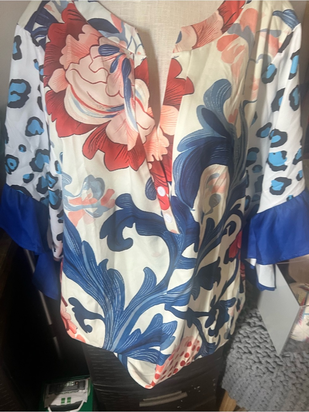 Floral & Blue Print Split-Sleeve Women's Top